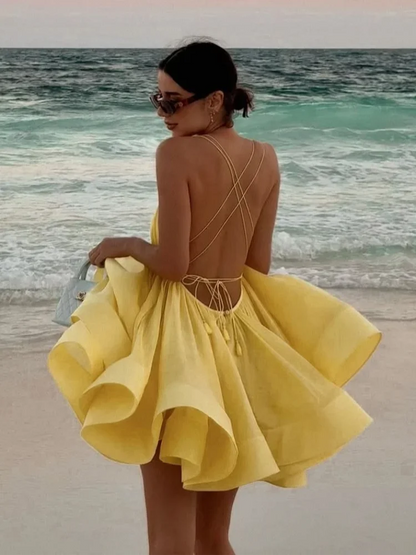 Elegant Chiffon Pleated Off Shoulder Women Sling Dress Fashion Lace Up Backless High Waist A-line Mini Dresses Lady Beach Robes