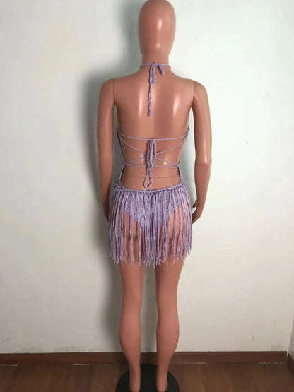 Sexy Women Knitted Dress Halter Backless Crochet Mini Dresses Hollow Out Bodycon Crocheted Beach Dress