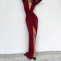 Women Long Dress Folds V Neck Split Floor Length Evening Dresses Full Sleeve Slim Fit Solid Splice Vestidos Elegant Gown