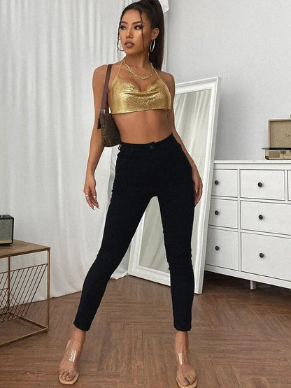 Sexy Summer Sequin Metal Crop Tops Suspenders Halter Backless Night Club Tank Top 2024 New Women Clothing Fashion Y2k Tops