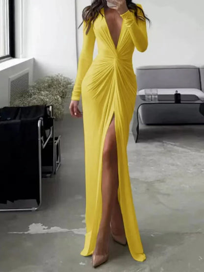 Women Long Dress Folds V Neck Split Floor Length Evening Dresses Full Sleeve Slim Fit Solid Splice Vestidos Elegant Gown