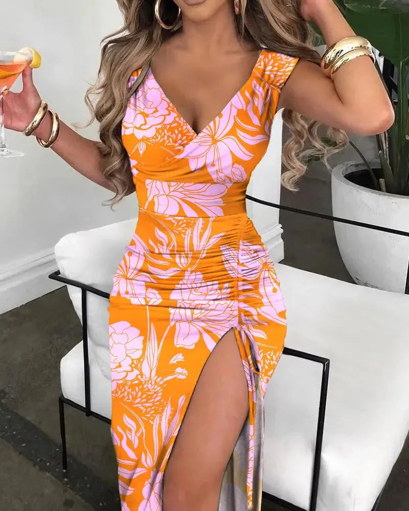 Maxi Dress, Summer Women Print Dress Fashion Casual Elegant V-neck Sleeveless Bodycon Beach Party Dresses Robe Femme 2024 New Vestidos