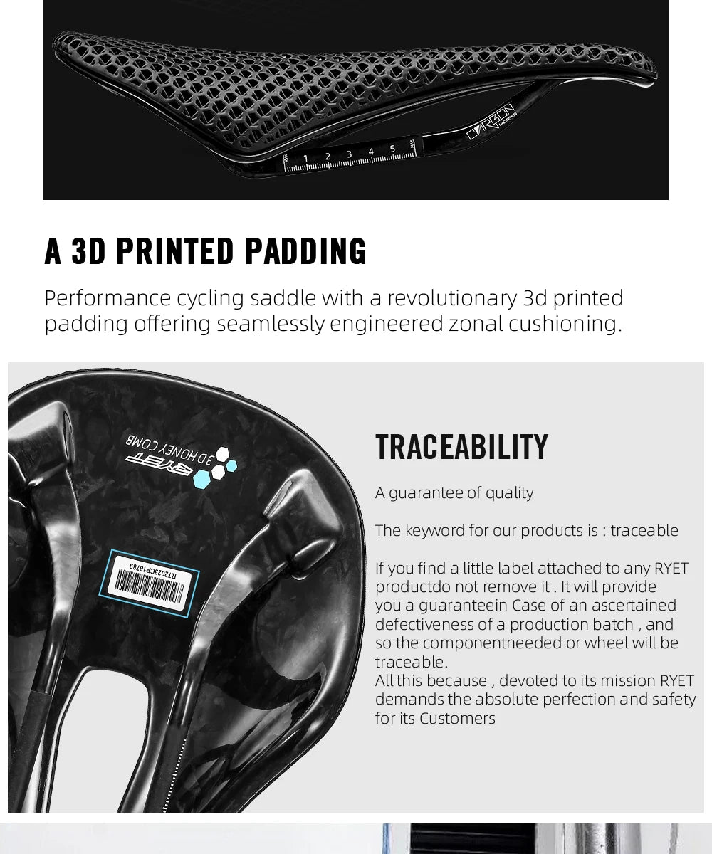 RYET 3D Printed Bike Carbon Saddle 140mm SuperLight 165g Road MTB Racing Saddles Bicycle Seat Cushion Cycling Seating Parts