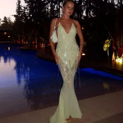 Halter neck , Yellow Sequins Maxi Beach Dress Women Sexy Backless Slim Party Fishtail Dresses Summer Mesh Patchwork Sheer Holiday Dress 2024