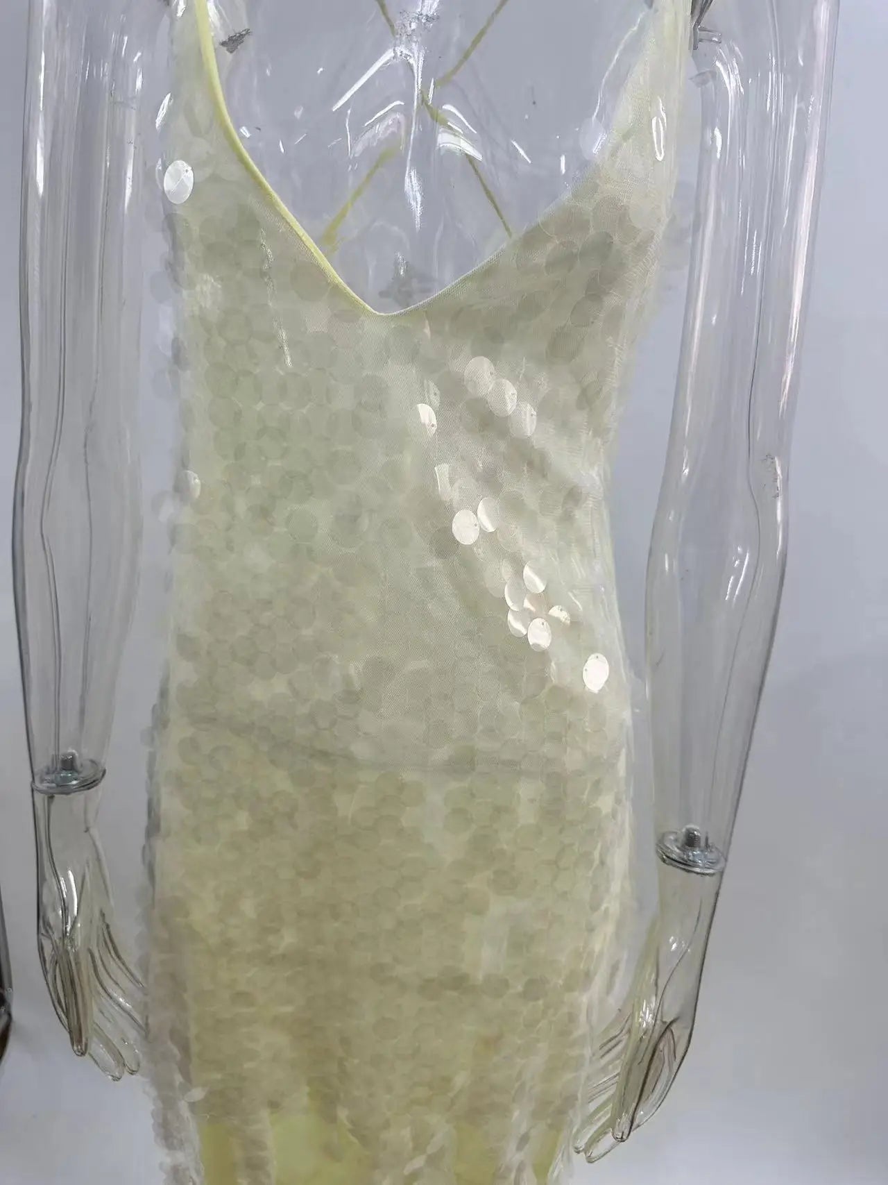 Halter neck , Yellow Sequins Maxi Beach Dress Women Sexy Backless Slim Party Fishtail Dresses Summer Mesh Patchwork Sheer Holiday Dress 2024