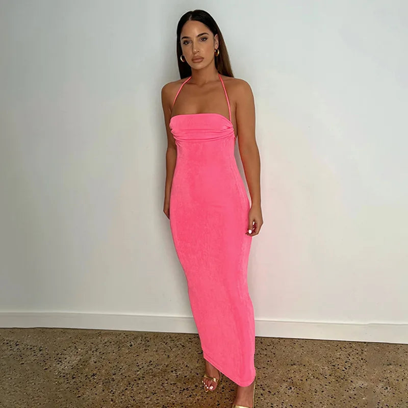 Backless Sleeveless, Swing Collar Drawstrings Hollow Out Slit Sexy Maxi Prom Dress 2023 Summer Women Party Y2K Robe