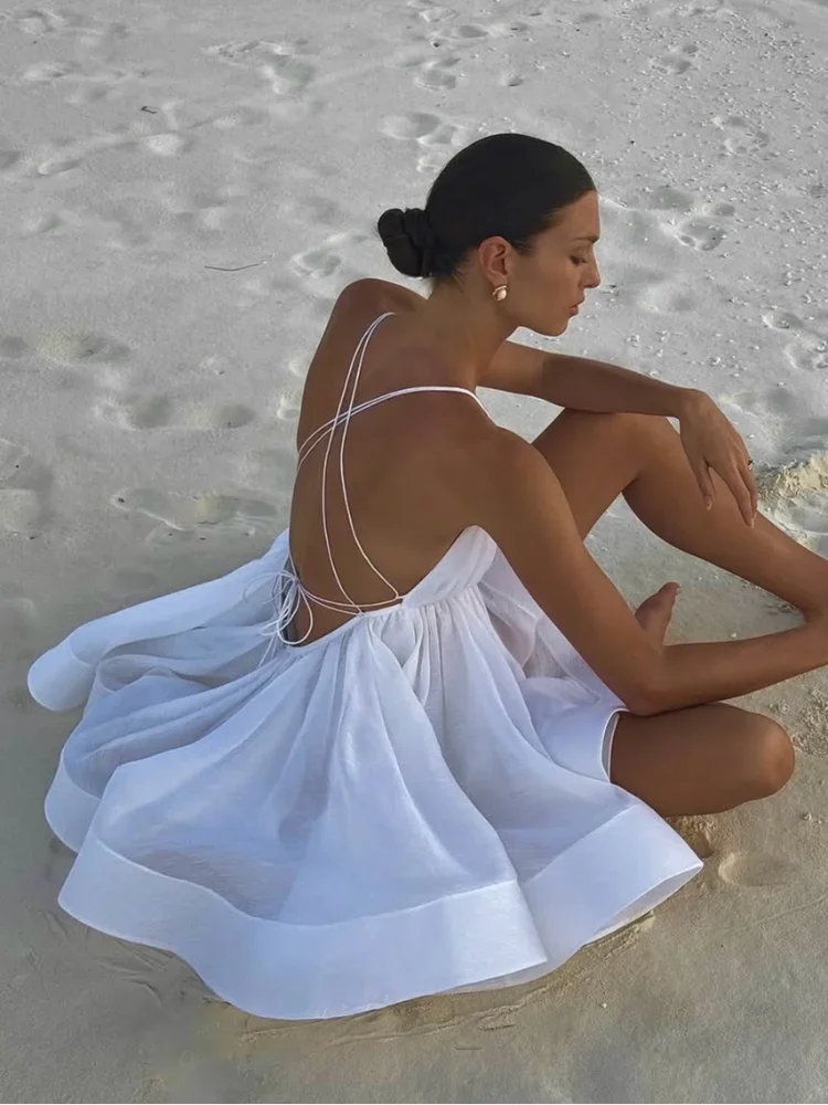 Elegant Chiffon Pleated Off Shoulder Women Sling Dress Fashion Lace Up Backless High Waist A-line Mini Dresses Lady Beach Robes