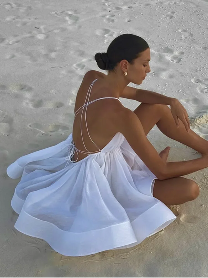 Elegant Chiffon Pleated Off Shoulder Women Sling Dress Fashion Lace Up Backless High Waist A-line Mini Dresses Lady Beach Robes