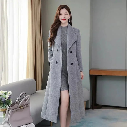 Women's Wool Coat - Long, Thick, Slim Fit with Waist Fitting, Knee-Length for Elegant and Warm Wear.
