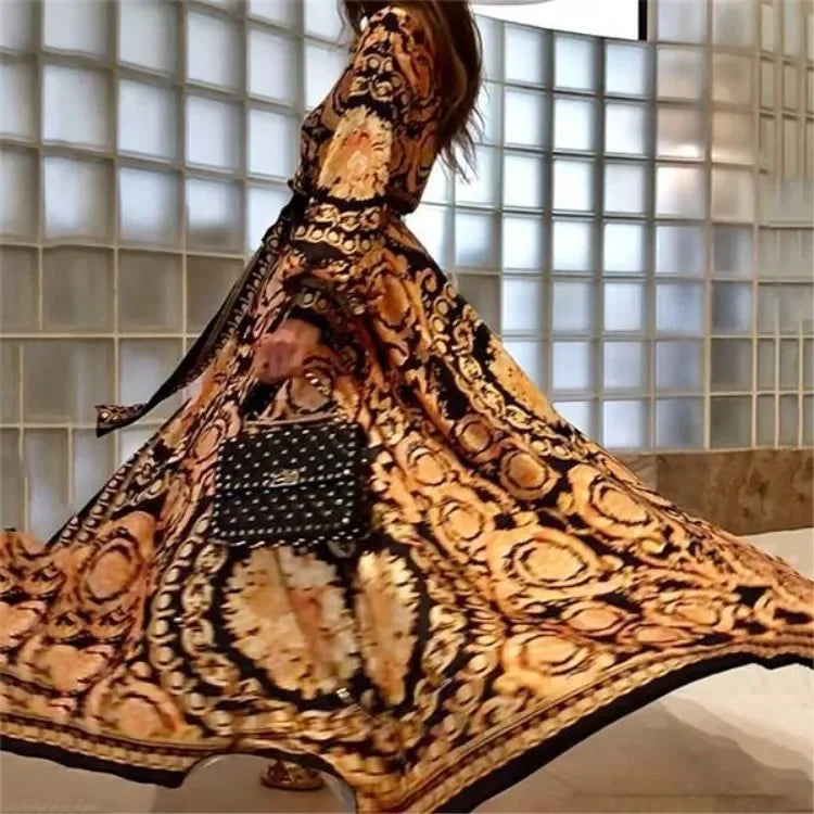Maxi Gown, Women Retro Printed Long Sleeve Summer Casual Bohemian V Neck Big Swing Split Long Robe