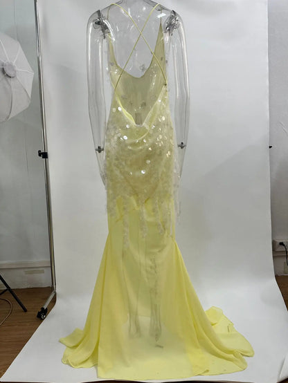 Halter neck , Yellow Sequins Maxi Beach Dress Women Sexy Backless Slim Party Fishtail Dresses Summer Mesh Patchwork Sheer Holiday Dress 2024