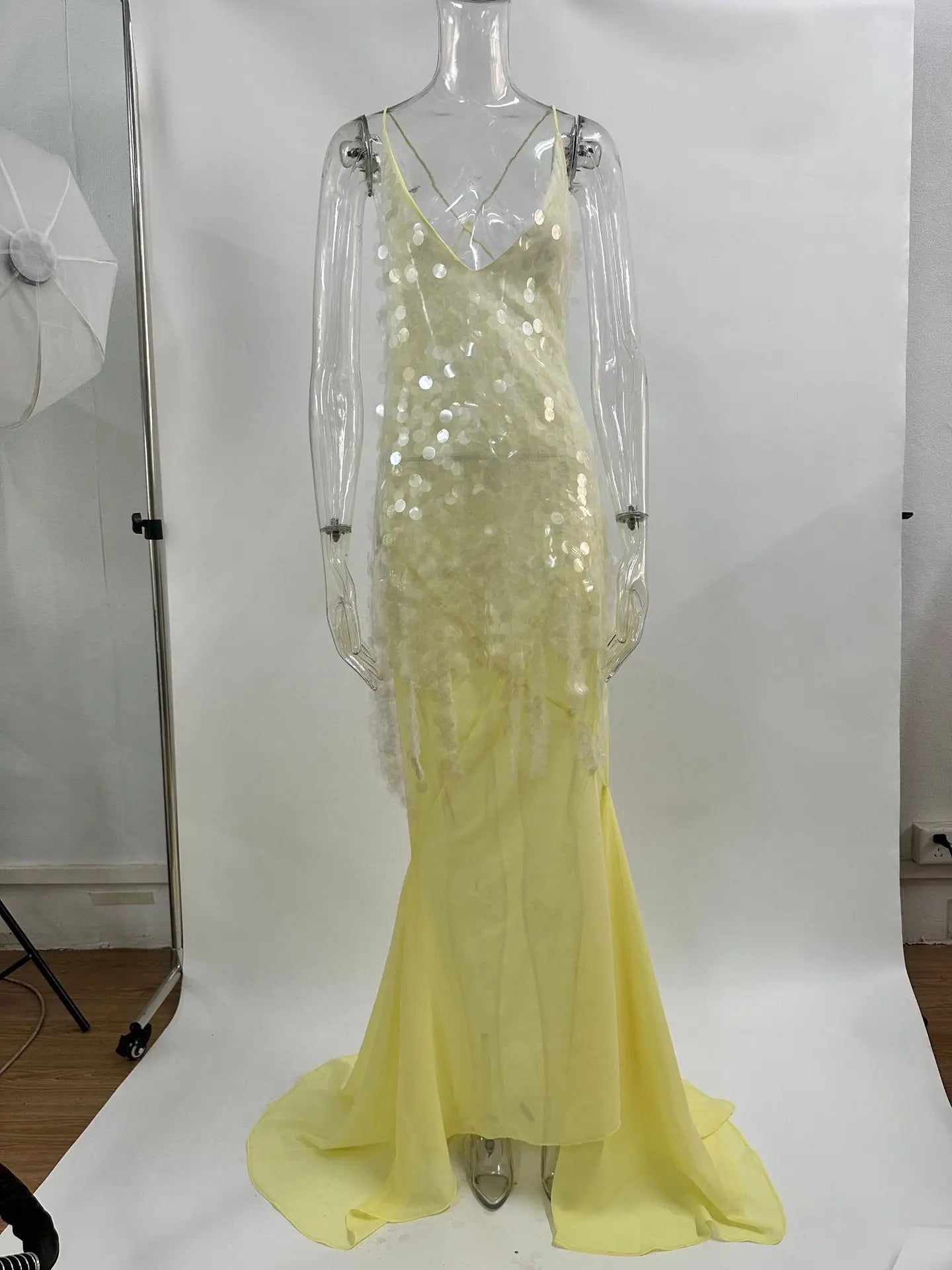 Halter neck , Yellow Sequins Maxi Beach Dress Women Sexy Backless Slim Party Fishtail Dresses Summer Mesh Patchwork Sheer Holiday Dress 2024