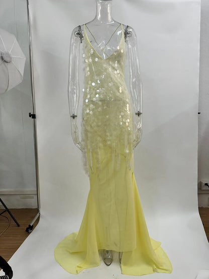 Halter neck , Yellow Sequins Maxi Beach Dress Women Sexy Backless Slim Party Fishtail Dresses Summer Mesh Patchwork Sheer Holiday Dress 2024