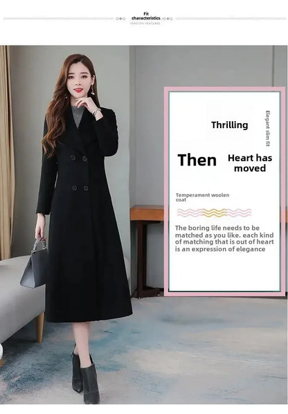 Women's Wool Coat - Long, Thick, Slim Fit with Waist Fitting, Knee-Length for Elegant and Warm Wear.
