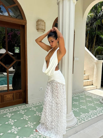 Maxi Dress, Sexy 3D Flower Halter Deep V Neck for Women Patchwork Backless Slim  Sleeveless Dress Evening Party Club Prom Beach