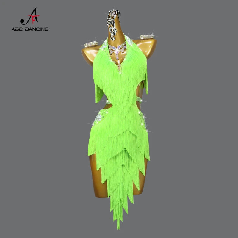 Dance Dress, 2025 Latin Sexy Professional Women Ballroom Party Prom Short Skirt Girls Samba Line Sport Stage Wear Fringed Clothes