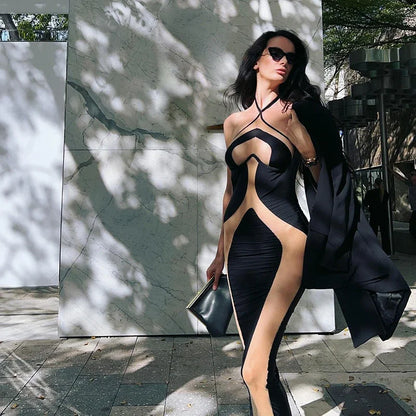 Halter Neck Dresses, Mesh Patchwork for Women Sexy Lace-up Backless See-through Evening Dress Sleeveless Backless Long Party Robe