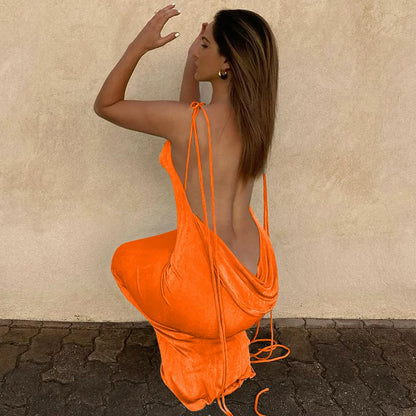 Backless Sleeveless, Swing Collar Drawstrings Hollow Out Slit Sexy Maxi Prom Dress 2023 Summer Women Party Y2K Robe