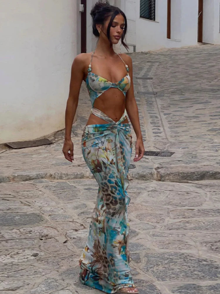 Women Sexy Print Bikini Patchwork Ruffles Long Dress Fashion Hollow Out Off Shoulder Slim Halter Vestido Lady New Beach Clubwear