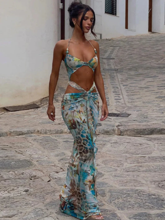 Women Sexy Print Bikini Patchwork Ruffles Long Dress Fashion Hollow Out Off Shoulder Slim Halter Vestido Lady New Beach Clubwear