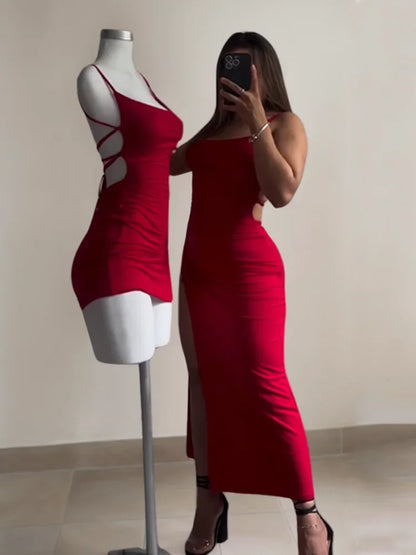2025 Explosive New Dress Summer High Sensibility Halter Strap Spice Girl Bag Hip Dress Sexy Women's Red Dress Club Black Dress