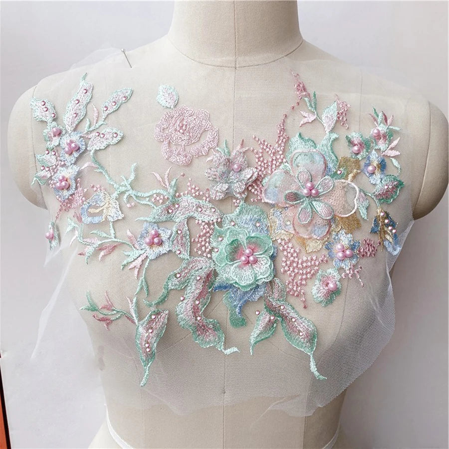 Lace, 3D Embroidered Sewing On Patches For Clothing Flower Lace Patch Wedding Party Gown Bridal Dress Fabric Appliques DIY Repair