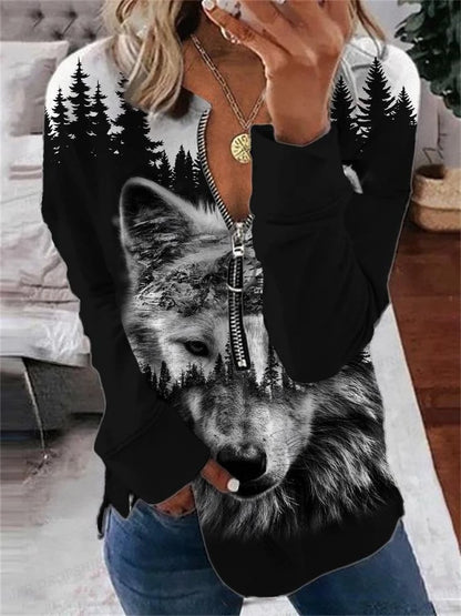 Wolf Hoodies Women Fashion Zipper Hoodies Vintage Animal Sweatshirt Zip Up Hoodie Oversized Sudaderas Crewneck Coats Ladies