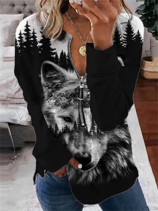 Wolf Hoodies Women Fashion Zipper Hoodies Vintage Animal Sweatshirt Zip Up Hoodie Oversized Sudaderas Crewneck Coats Ladies