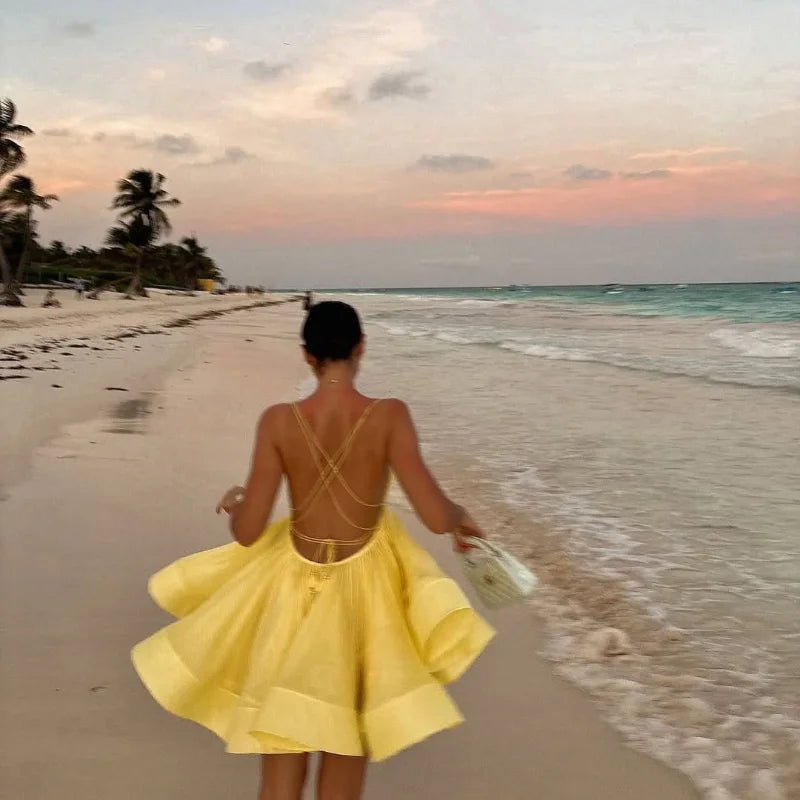 Elegant Chiffon Pleated Off Shoulder Women Sling Dress Fashion Lace Up Backless High Waist A-line Mini Dresses Lady Beach Robes
