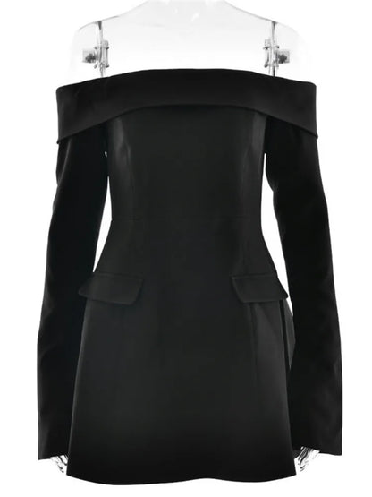 Mozision Off-shoulder Long Sleeve Sexy Mini Dress For Women Two Pocket Strapless Backless A-line Club Party Sexy Dress Elegant