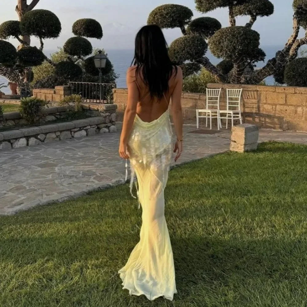 Halter neck , Yellow Sequins Maxi Beach Dress Women Sexy Backless Slim Party Fishtail Dresses Summer Mesh Patchwork Sheer Holiday Dress 2024