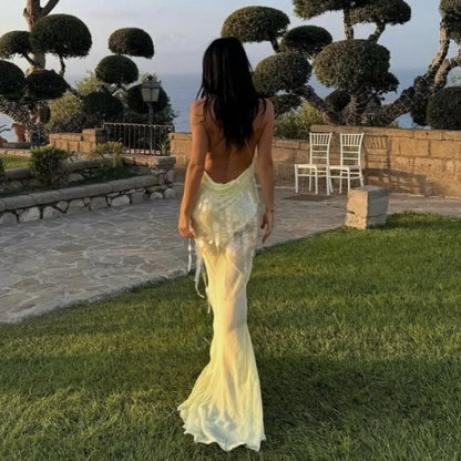 Halter neck , Yellow Sequins Maxi Beach Dress Women Sexy Backless Slim Party Fishtail Dresses Summer Mesh Patchwork Sheer Holiday Dress 2024