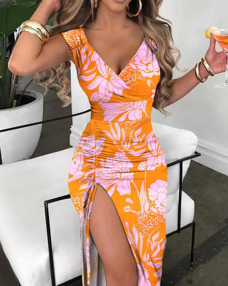 Maxi Dress, Summer Women Print Dress Fashion Casual Elegant V-neck Sleeveless Bodycon Beach Party Dresses Robe Femme 2024 New Vestidos