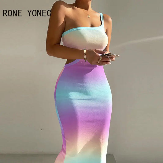 2023 Women Elegant Thick Straps One Shoulder Midriff Vacation Sexy Midi Dresses
