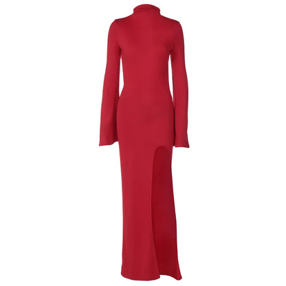 Hugcitar Turtleneck Solid Long Sleeve Backless Slit Sexy Slim Maxi Prom Dress 2024 Spring Women Clothes Birthday Party Y2K