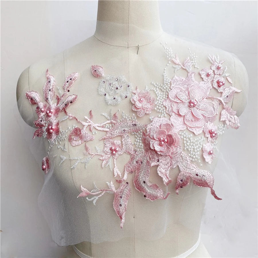 Lace, 3D Embroidered Sewing On Patches For Clothing Flower Lace Patch Wedding Party Gown Bridal Dress Fabric Appliques DIY Repair