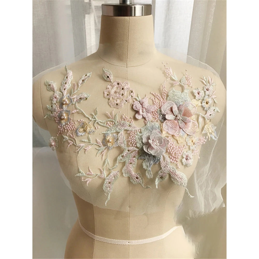 Lace, 3D Embroidered Sewing On Patches For Clothing Flower Lace Patch Wedding Party Gown Bridal Dress Fabric Appliques DIY Repair