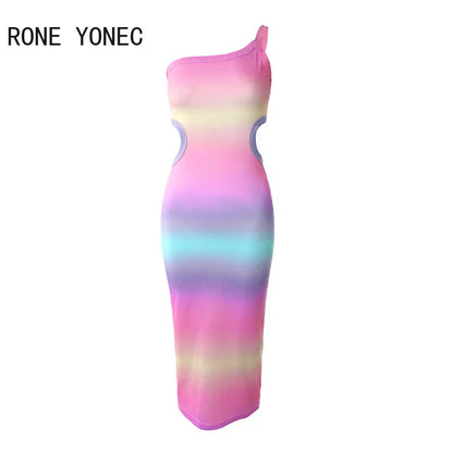 2023 Women Elegant Thick Straps One Shoulder Midriff Vacation Sexy Midi Dresses
