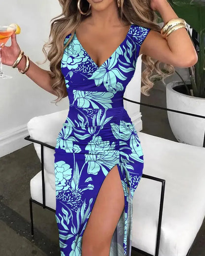 Maxi Dress, Summer Women Print Dress Fashion Casual Elegant V-neck Sleeveless Bodycon Beach Party Dresses Robe Femme 2024 New Vestidos