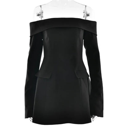 Mozision Off-shoulder Long Sleeve Sexy Mini Dress For Women Two Pocket Strapless Backless A-line Club Party Sexy Dress Elegant