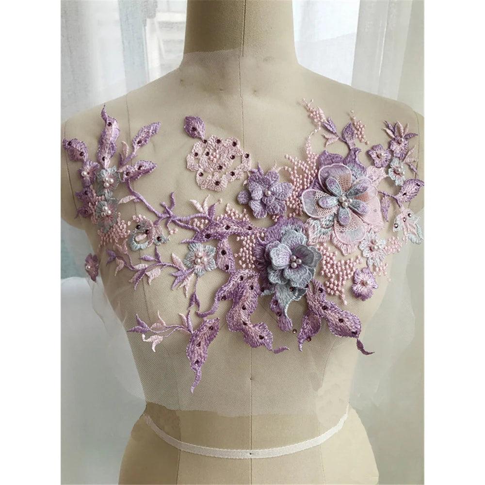 Lace, 3D Embroidered Sewing On Patches For Clothing Flower Lace Patch Wedding Party Gown Bridal Dress Fabric Appliques DIY Repair