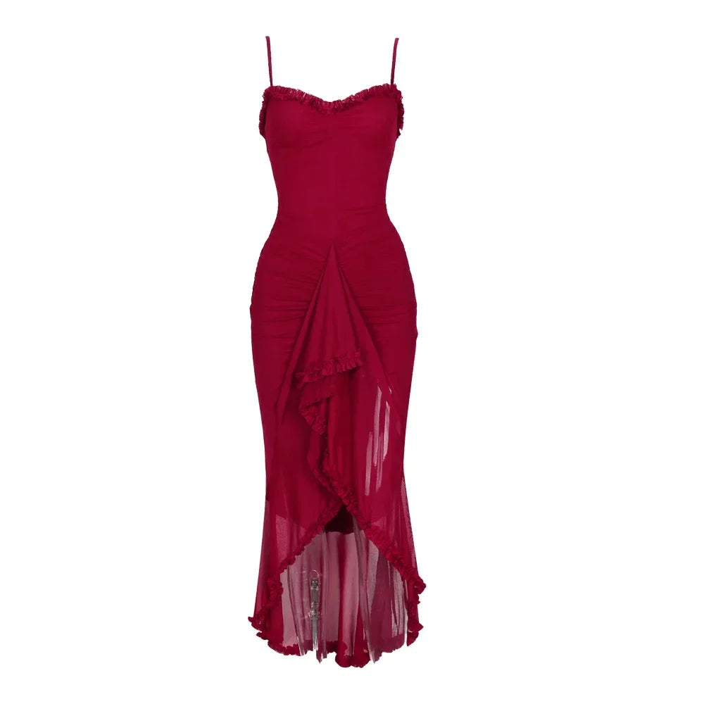 Maxi Gown, Suninheart Irregular Mesh Party Dress 2024 New Arrivals Spaghetti Strap Bodycon Dress Fashion Ruched