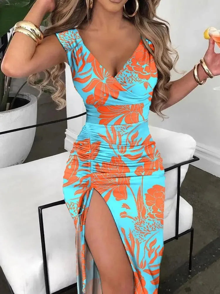Maxi Dress, Summer Women Print Dress Fashion Casual Elegant V-neck Sleeveless Bodycon Beach Party Dresses Robe Femme 2024 New Vestidos