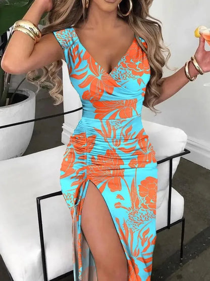 Maxi Dress, Summer Women Print Dress Fashion Casual Elegant V-neck Sleeveless Bodycon Beach Party Dresses Robe Femme 2024 New Vestidos