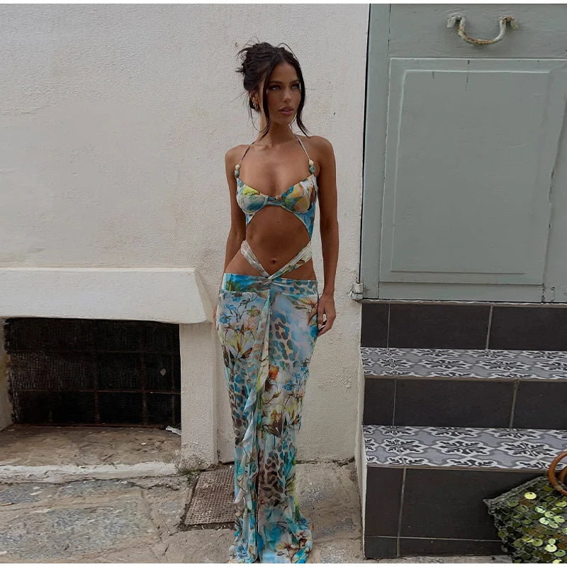 Women Sexy Print Bikini Patchwork Ruffles Long Dress Fashion Hollow Out Off Shoulder Slim Halter Vestido Lady New Beach Clubwear