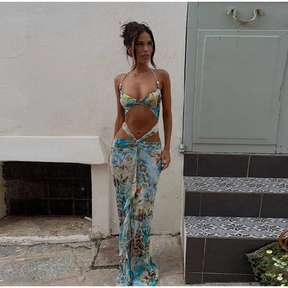 Women Sexy Print Bikini Patchwork Ruffles Long Dress Fashion Hollow Out Off Shoulder Slim Halter Vestido Lady New Beach Clubwear