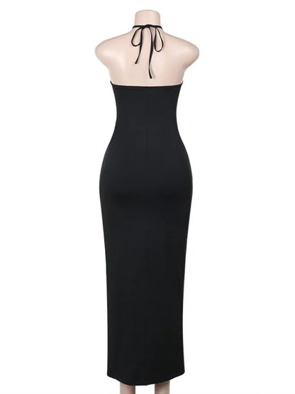 Halter Neck Dresses, Mesh Patchwork for Women Sexy Lace-up Backless See-through Evening Dress Sleeveless Backless Long Party Robe