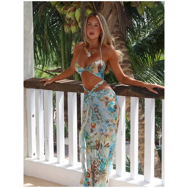 Women Sexy Print Bikini Patchwork Ruffles Long Dress Fashion Hollow Out Off Shoulder Slim Halter Vestido Lady New Beach Clubwear
