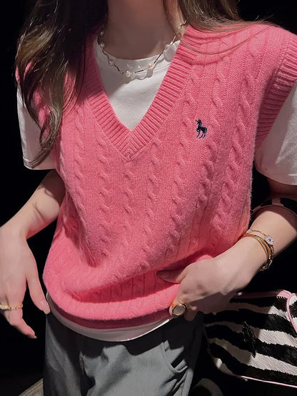2024 New V-neck Knitted Vest Women Vintage Solid Embroidery Pullover Cable Sweater New Korean Retro Spring Autumn Loose Tank Top