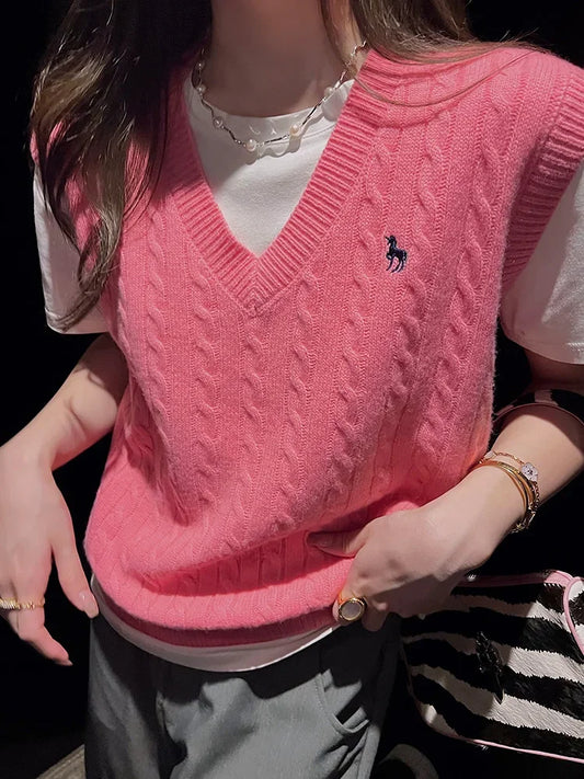 2024 New V-neck Knitted Vest Women Vintage Solid Embroidery Pullover Cable Sweater New Korean Retro Spring Autumn Loose Tank Top